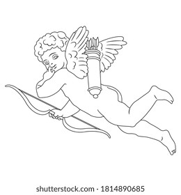 Flying Cupid mit Bogen und Pfeilen. Gott der Liebe Eros. Baby Amur. Schwarze Silhouette auf weißem Hintergrund.