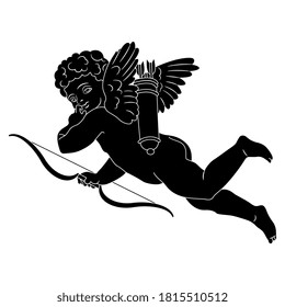 Flying Cupid mit Bogen und Pfeilen. Gott der Liebe Eros. Baby Amur. Schwarz-Weiß-Silhouette.