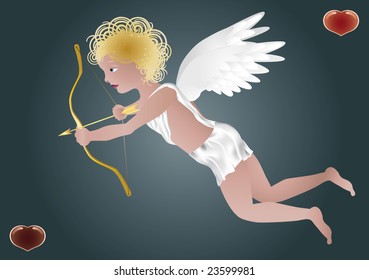 flying cupid with a bow, the dark blue background, with small heart in the corners of the image; vector illustration