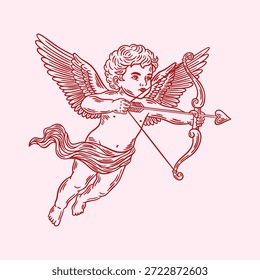 Cupido voador com desenho de linha de arco. Dia dos Namorados ilustração caprichada coquette, desenhado à mão