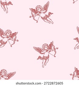 Cupido volador con el patrón inconsútil del Vector del arco, fondo caprichoso, impresión de San Valentín, dibujo de la línea