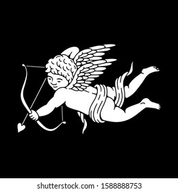 FLYING CUPID WITH A BOW WHITE BLACK BACKGROUND