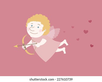Flying cupid with a golden arrow and surrounded by hearts