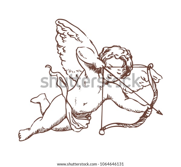 Flying Cupid holding bow and aiming or\
shooting arrow hand drawn with contour lines on white background.\
God of love, Amor, Eros or mythological character with wings.\
Monochrome vector\
illustration.