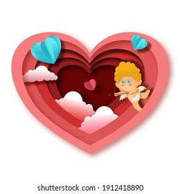 Flying Cupid - little angel. Love Frame. Shape Heart in paper cut style. Cherub. Bow and Arrow. Happy Valentine day. Romantic Holidays. 14 February. Vector