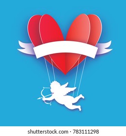 Flying Cupid - little angel. Love Red Heart in paper cut style. Origami little boy - Cherub. Hot air balloon flying. Happy Valentine day. Ribbon tape for text. Romantic Holidays. 14 February. Vector