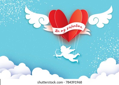Flying Cupid - little angel. Love Pink Heart in paper cut style. Origami boy - Cherub. Red hot air balloon flying. Love, angel wings on blue sky. Happy Valentine day. Romantic Holidays. 14 February.