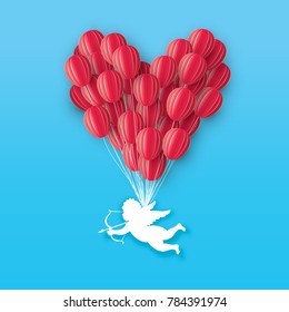 Flying Cupid - little angel. Love Red Heart in paper cut style. Origami little boy - Cherub. Bow and Arrow. Red Balloons flying. Happy Valentine day. Romantic Holidays. 14 February.