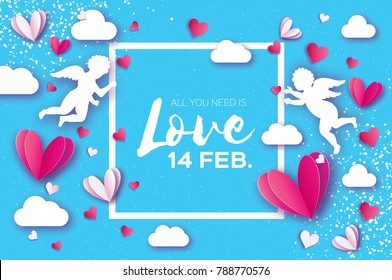 Flying Cupid - little angel. Love Pink White Heart in paper cut style. Origami little boy - Cherub. Happy Valentine day on blue sky. Cloud. Romantic Holidays. 14 February. Square frame.