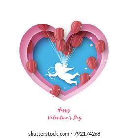 Flying Cupid - little angel. Love Pink Frame. Shape Heart in paper cut style. Origami little boy - Cherub. Bow and Arrow. Red Balloons flying. Happy Valentine day. Romantic Holidays. 14 February.
