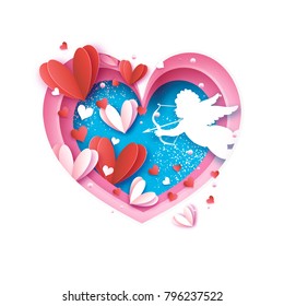 Flying Cupid - little angel. Love Pink Frame. Shape Heart in paper cut style. Origami Hearts and little boy - Cherub. Bow and Arrow. Happy Valentine day. Romantic Holidays. 14 February. Vector