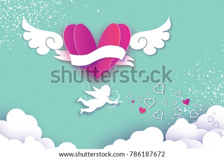Flying Cupid - little angel. Love Pink Heart in paper cut style. Origami boy - Cherub. Purple hot air balloon flying. Love, angel wings. Happy Valentine day. Romantic Holidays. 14 February.
