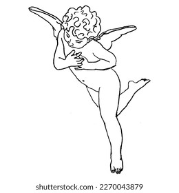 Volando Cupido apretando manos a su corazón. Eros antiguos o Amur. El ángel de bebé alado Putto. Esbozo de doodle lineal dibujado a mano. Silueta negra de fondo blanco.