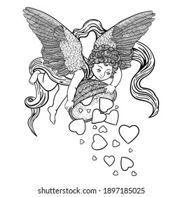 Flying Cupid scatters a heart, contour illustration on a white background, vector image, angel, template, sticker, coloring