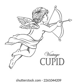 Flying cupid vector hand drawn sketch vintage illustration on white background.