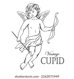Flying cupid vector hand drawn sketch vintage illustration on white background.