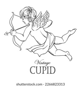 Flying cupid vector hand drawn sketch vintage illustration on white background.