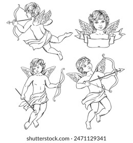 Flying cupid vector hand drawn sketch vintage illustration on white background.