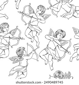 Flying cupid vector hand drawn sketch vintage illustration on white background.