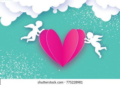 Flying Cupids - amur angels with Love Pink Heart in paper cut style. Origami Cherubs. Happy Valentine's day. Romantic Holidays on blue background with cloud. All you need is Love. 14 February.