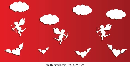 Cupidos e Corações Voadores com Asas no Céu. Internacional todos os amigos e amantes férias vetor arte