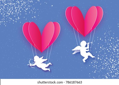 Flying Cupids - little angesl. Love Pink Heart in paper cut style. Origami little boy - Cherub.Balloon flying. Happy Valentine day. Romantic Holidays. 14 February. Purple background.