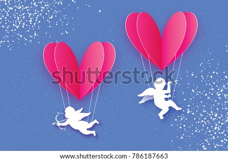 Flying Cupids - little angesl. Love Pink Heart in paper cut style. Origami little boy - Cherub.Balloon flying. Happy Valentine day. Romantic Holidays. 14 February. Purple background.