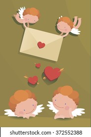 flying cupids with a romantic message in the hands in a flat style