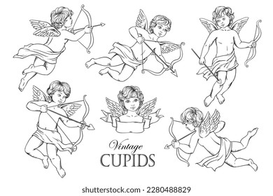 Fliegende Cupiden setzen Vektorgrafik handgezeichnet Skizze Vintage Illustration auf weißem Hintergrund.