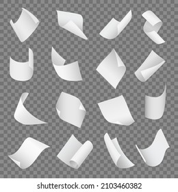 Flying curl papers. Realistic blank office pages, twisted white notebook sheets, different curve cards, empty various scattered documents, isolated bent objects, vector