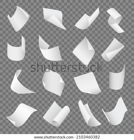 Flying curl papers. Realistic blank office pages, twisted white notebook sheets, different curve cards, empty various scattered documents, isolated bent objects, vector