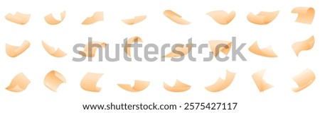 Flying curled paper icons set. Twenty four orange paper sheets flying and waving in the wind