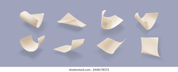 Hoja de papel rizado volador con sombra. Conjunto realista de Ilustración vectorial 3d de páginas de curva beige que caen por el viento. Maqueta de letra a4 o nota en blanco flotando en el aire. Documento disperso dinámico.