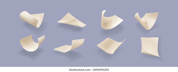 Flying curled paper sheet with shadow. Realistic 3d vector illustration set of wind blow falling down beige curve pages. Blank a4 letter or note mockup floating in air. Dynamic scattered document.