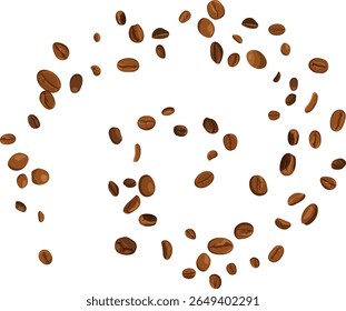 Linha de giro curva voadora com ilustração vetor grãos de café em fundo transparente. café da manhã