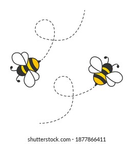 Flying cute bees with dotted route. Vector cartoon insect illustration. Isolated on white