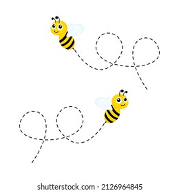 Flying cute bees with dotted route. Bumblebees happy set. Vector illustration isolated on white.