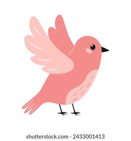 Flying cute bird in pink colors. Birds or baby animals theme. Vector illustration isolated on white background. 