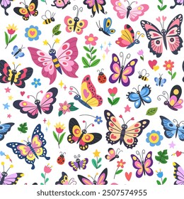 Flying cute butterflies children seamless pattern. Colorful butterflies on a white background. Vector illustration.