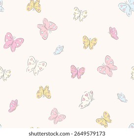Flying cute butterflies children seamless pattern. Colorful butterflies on a beige background. Vector illustration, For textiles, cotton fabric, covers, wallpaper, printing, cards, scrapbooking.