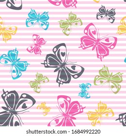 Flying cute butterfly silhouettes over striped background vector seamless pattern. Vintage textile print design. Stripes and butterfly winged insect silhouettes seamless wallpaper.