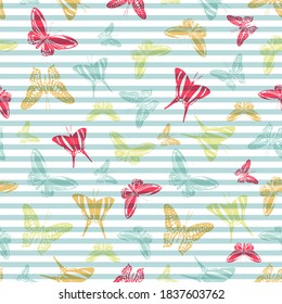 Flying cute butterfly silhouettes over horizontal stripes vector seamless pattern. Kids fashion textile print design. Lines and butterfly garden insect silhouettes seamless pattern.