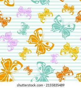 Flying cute butterfly silhouettes over striped background vector seamless pattern. Childish fashion textile print design. Stripes and butterfly winged insect silhouettes seamless wallpaper.