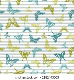 Flying cute butterfly silhouettes over striped background vector seamless pattern. Childish fashion fabric print design. Lines and butterfly garden insect silhouettes seamless design.