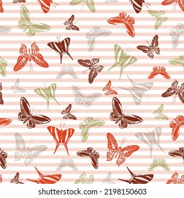 Flying cute butterfly silhouettes over striped background vector seamless pattern. Girlish fashion textile print design. Stripes and butterfly winged insect silhouettes seamless illustration.