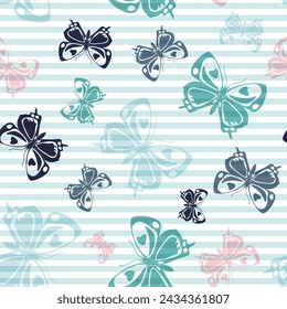 Flying cute butterfly silhouettes over striped background vector seamless pattern. Baby clothing fabric print design. Lines and butterfly winged insect silhouettes seamless wallpaper.