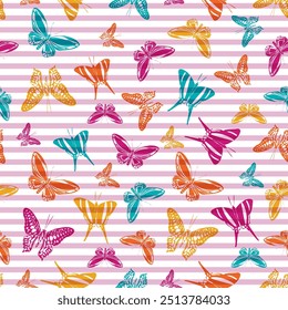 Flying cute butterfly silhouettes over horizontal stripes vector seamless pattern. Childish fashion textile print design. Lines and butterfly winged insect silhouettes seamless illustration.