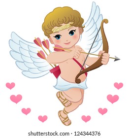 Flying Cute cupid setting bow with hearts. EPS10. Vector.