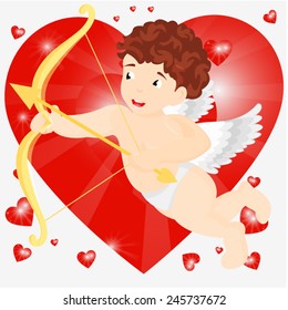 Flying Cute cupid setting bow with hearts