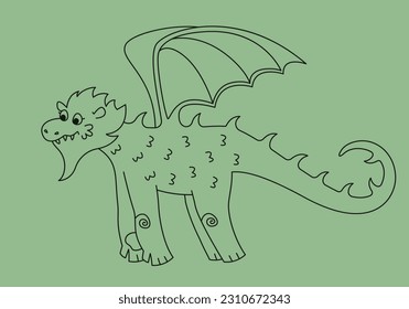 Flying cute dragon. Fairytale character in outline style.